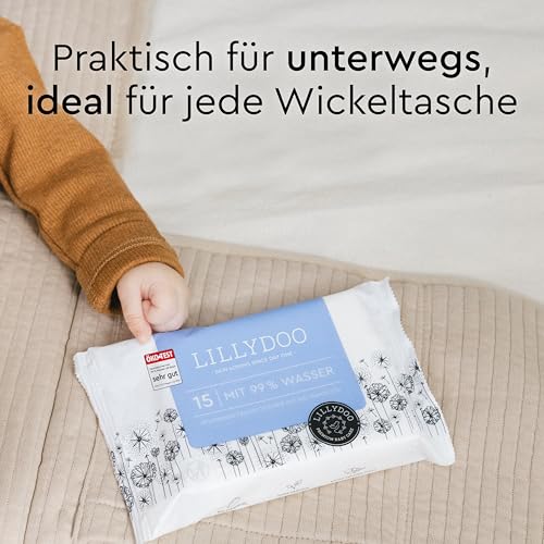 LILLYDOO Baby Feuchttücher mit 99% Wasser, 150 Stück (10 x 15), 100% plastikfreies Tuch, ohne Parfüme & mild wie Watte und Wasser 3