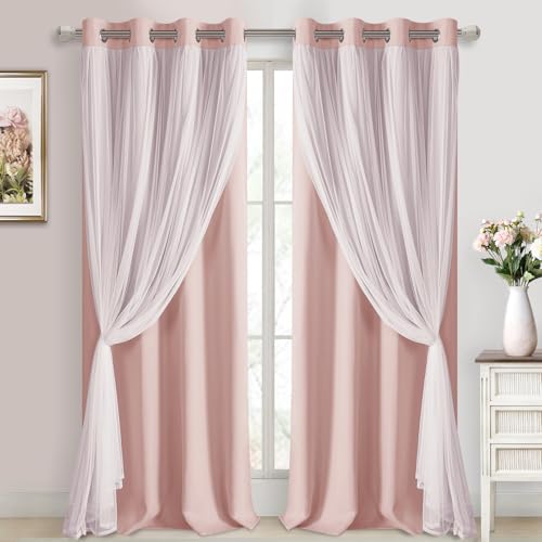 Image of DWCN Pink Blackout Curtains with Sheer Overlay with Tiebacks 96 Inch Long | Floor to Ceiling Double Layer Drapes for Living Room, Girls Bedroom, Nursery, Grommet Top, 52 inch Wx96 inch L, Rose Blush, 2PCS