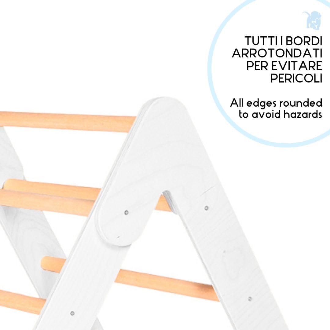 mamikids - Arrampicata per Bambini Richiudibile in Legno Naturale 70x60cm, Triangolo con Scivolo per Bambini 1-5 Anni, Giochi Educativi Montessori - Made in Italy, Bianco