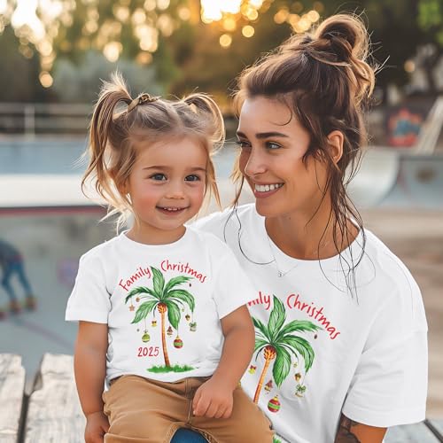 Image of Christmas in July Shirts Mommy and Me Matching Palm Tree Graphic Tee Family Christmas 2025 Shirt Mom Toddler Tops