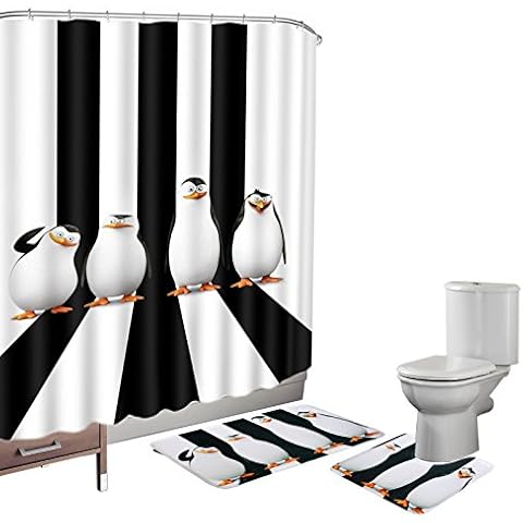 Amagical 15 Pieces Shower Curtain Set Bath Mat Set Contour Mat Penguins Cute Animals Pattern Shower Curtain with 12 Hooks Cover