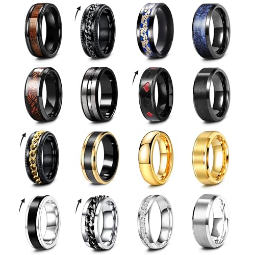 16Pcs Stainless Steel Band Rings for Men Women Stress Anxiety Relief Fidget Rings Black Cool Chain Spinner Rings Set for Wedding Promise Mens Rings Pack
