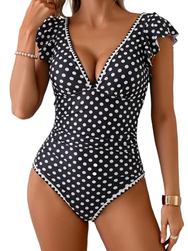 Image of Aidonger Women's One Piece Ruffle Swimsuit Tummy Control Bathing Suit V Neck Shell Stitched Swim Suit Slimming Swimwear