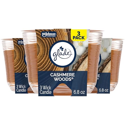 Glade Candle Cashmere Woods Fragrance Candle Infused with Essential Oils Air Freshener 3-Wick Candle 6.8 Oz 3 Count