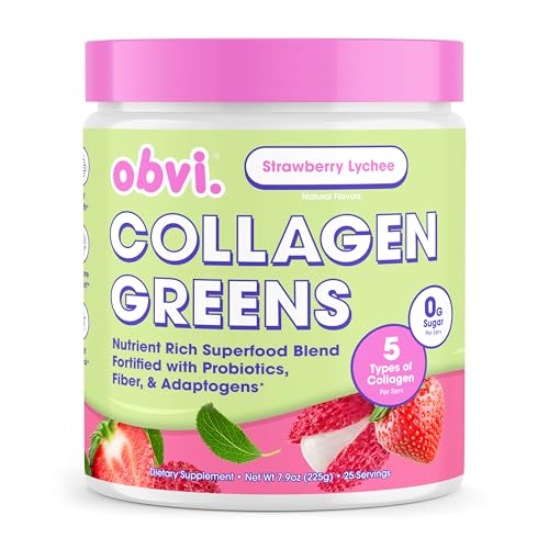 Obvi Collagen Greens | Organic Greens Superfood Powder with Collagen Peptides | Probiotics for Gut Health, Skin, Hair, Nails | Gluten-Free, Zero Sugar | Strawberry Lychee Flavor, 25 Servings