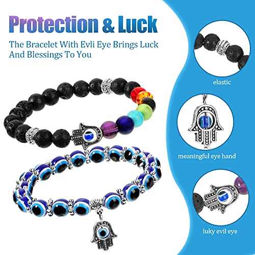 2 Pieces Evil Eye Bracelet Hand of Fatima Bracelet 7 Chakras Evil Eye Stretch Beaded Hamsa Hand Gemstone Good Luck Protection Crystals Healing Stones for Women2