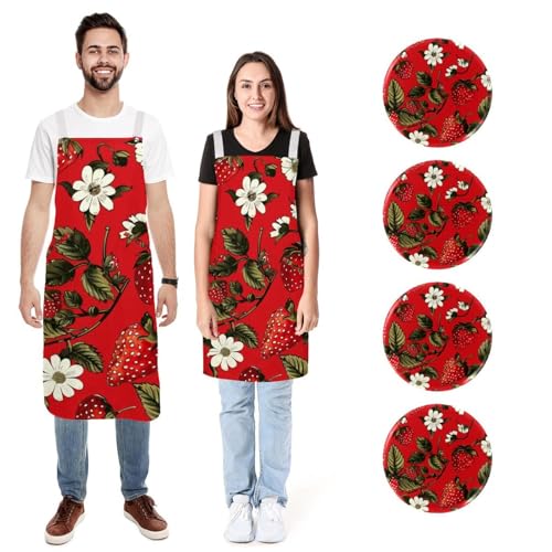 Lot de 2 tabliers de cuisine réglables fraises d'été en coton imperméable pour homme et femme