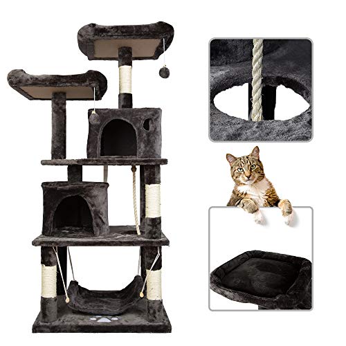 Froadp Aktivitätskratzbäume 145cm Höhe Kratzbaum Kletterbaum mit Großer Plattform und Sisal-Seil Plüsch Höhlen Katzenmöbel mit Kratzbett für Katzen(Rauchgrau, Type B)
