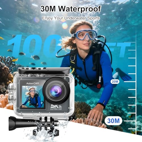 Image of 5K WiFi Touch Screen Action Camera with Front LCD EIS 100FT Waterproof,Underwater 170Ultra Wide Angle 5X Zoom Sports Camera with 2.4G 15M Remote Control 32GB Memory Card (B21)
