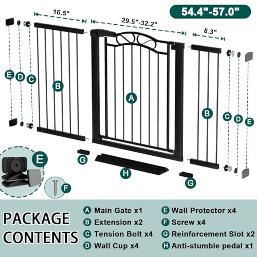 Image of Fairy Baby 54.4 inch-57.0 inch Extra Wide Baby Gate with Door, 55 56 57 Inches Walk THR Baby Gates for Stairs Pressure Mounted no Drill, Indoor Tension Metal Child Pet Dog Safety Gate for Kids, Black