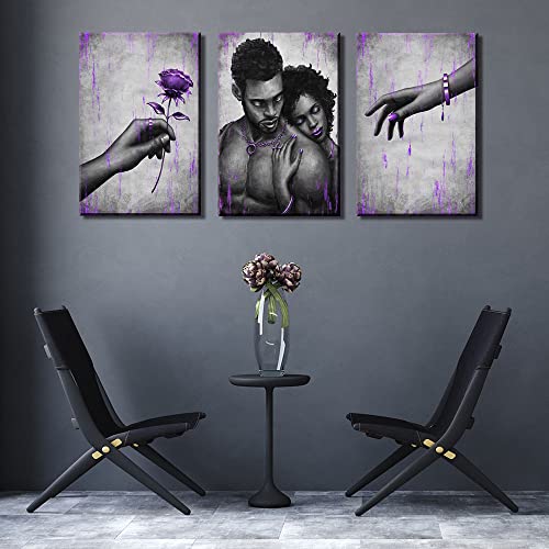 Kalormore African American Woman And Man Painting Purple Golden Sweet Love Couple Canvas Wall Art Giclee Prints Gallery Wrap Artwork For Bedroom Living Room Bathroom Decoration (24"X32"X3) #TOP1