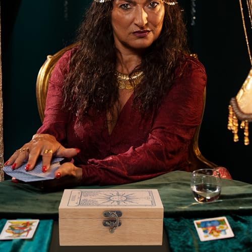Boîte de rangement tarot hêtre gravé Soleil cadeau idéal pour tarologue