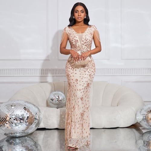 Image of dasmzper Women Sequin Elegant Sexy Tassel Bead Sleeve Mesh Perspective Bodycon Party Cocktail Evening Dress