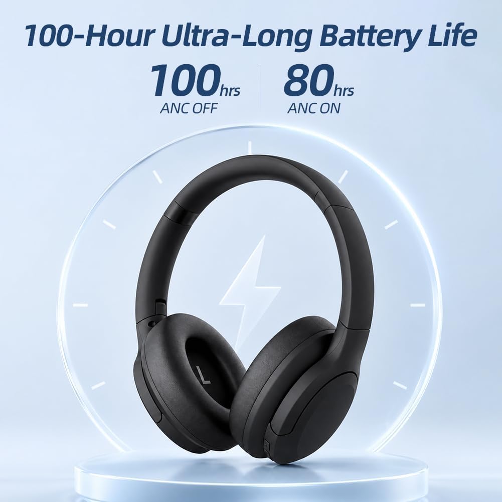 Cuffie wireless Bluetooth over-ear con cancellazione del rumore, autonomia ultra-lunga di 100 ore, cancellazione attiva del rumore, driver da 40 mm e design pieghevole