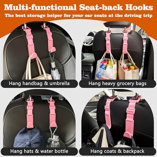 Image of Amooca Anti-drop Car Headrest Hooks 4 Pack Seat Organizer for Bags | Universal Fit Cars SUV Truck, Adjustable, Holds Backpack Water Bottle Handbags Groceries, 40lb Heavy Duty, Clip Design