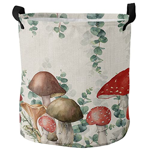 Large Laundry Basket 16.5X17In, Red Brown Mushroom Waterproof Dirty Clothes Bag Hamper With Handles, Eucalyptus Leaves Botanical Burlap Collapsible Sorter Basket For Bathroom Home #TOP28