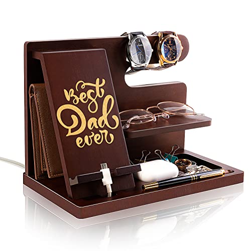 Personalized Wood Phone Docking Station For Dad-Best Dad Ever-Key Holder Wallet Stand Watch Organizer Dad Gifts Birthday Nightstand Fathers Day Christmas Travel Idea Gadgets To Dad From Daughter Son