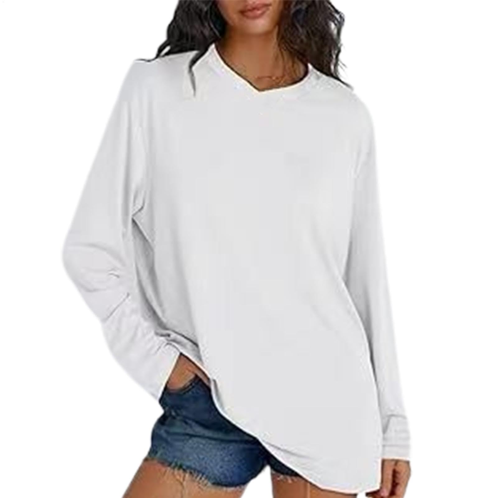 Koszule damskie ponadgabarytowe, damskie koszulki z długim rękawem - jednolity t-shirt okrągły dekolt - sukienki jesienne, koszulki oversize, modne sukienki na co dzień do uprawiania sportów