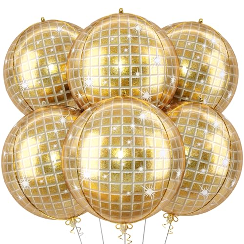 Image of 6pcs 22 Inch Gold Disco Ball Balloons, Shiny Gold Big Disco Foil Balloons