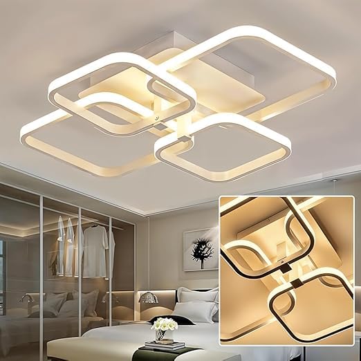 Image of LED Ceiling Light with Remote Control, White Acrylic Modern 3-Color Ceiling Light Flush Mount for Living Room, Bedroom, 58x45x12cm