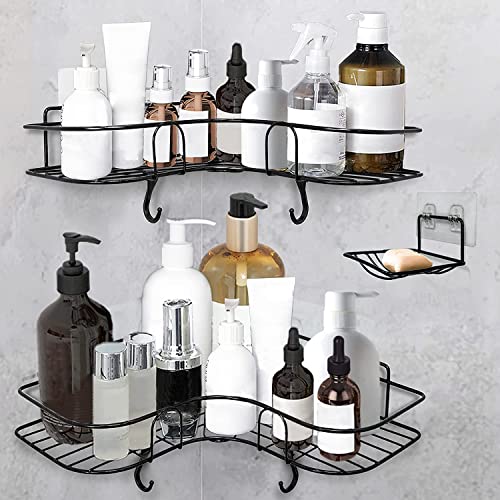 Huryfox Lot de 2 étagères d'angle de douche - Pour salle de bain, baignoire, baignoire, support mural adhésif, paniers à shampooing avec porte-savon pour accessoires de salle de bain (Noir) Cover