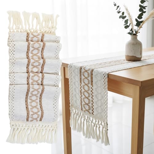 Camino de Mesa Boho Beige, Centro de Mesa Comedor con Borlas, Lavable para Sala de Estar, Boda, Hogar, Fiesta, Decoración de Jardín, 30 x 180 cm
