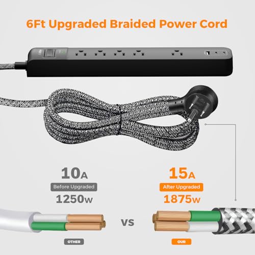 2 Pack Power Bar Surge Protector - 5 Widely Spaced Outlets 3 USB Charging Ports(2 USB C), 1875W/15A with 6Ft Braided Extension Cord, Flat Plug, Overload Surge Protection, Wall Moun image 6