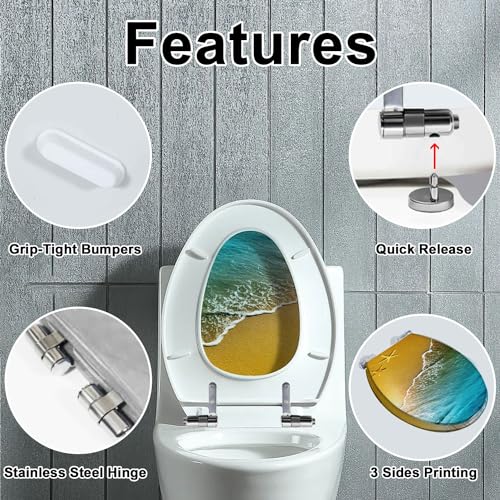 Elongated Toilet Seat sand wave Resin Toilet Seat with Quietly Close Quick Release Hinges Decorative Toilet Seat with Cover Easy to Clean and Install Beach Theme Decor Nautical Decor - Image 3
