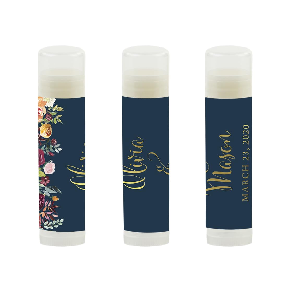 Andaz Press Personalized Bridal Shower Bachelorette Party Lip Balm Party Favors, Metallic Gold Ink on Navy Blue with Burgundy Florals, Bride's Name and Date, 12-Pack, Custom