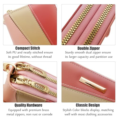 Women Wallet with Wristlet, Large Capacity Zip Around Long Purse, Female Ladies Card Holder Cell Phone Pocket3