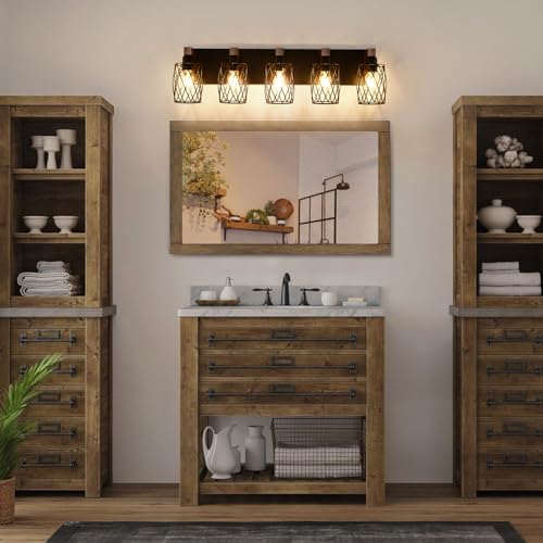 Image of 5-Light Farmhouse Bathroom Vanity Light, Wood Bathroom Lighting Fixtures Over Mirror, Black Vanity Light Fixtures with Cage Metal Shade, Rustic Bathroom Light with E26 Base
