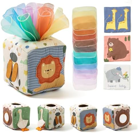 Montessori Spielzeug Baby Tücherbox,Baby Sensorik Spielzeug 6-12 Monate Motorikspielzeug Tissue Box für ab 1 2 3 Jahre Mädchen Jungen,Kinder Frühes Lernspielzeug Geschenke mit Spie