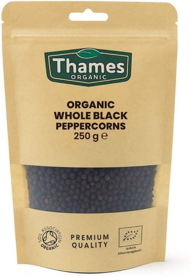 Organic Whole Black Peppercorns-Certified Organic, Non-GMO, Vegan, No Additives, No Preservatives, Resealable Bag by Thames Organic 250g