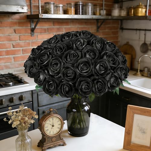 Image of 50 PCS Black Roses Artificial Flowers, Fake Roses with Stem Realistic Silk Roses for DIY Wedding Bouquets Table Centerpieces Arrangements Baby Shower Birthday Home Decor Valentine's Day Gift for Her