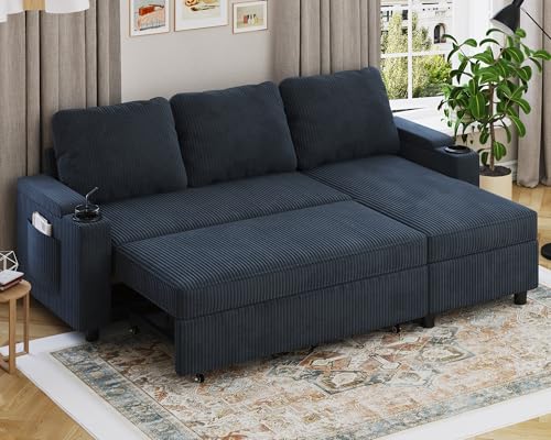 Devoko Sofá Cama Chaise Longue, Sofá de Salón Cheslong de 3 Plazas Convertible en Cama, con Almacenamiento Integrado y Portavasos, Sofá Chaise Longue 3 Plazas en Forma de L con Tejido Suave Negro