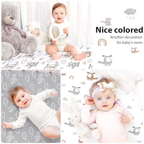 Baby Crib Sheets for Boys and Girls, 3 Pack Toddler Bed Sheets for 52”x28” Standard Toddler Mattresses, Soft Microfiber Fitted Crib Sheets Neutral Grey Helicopter