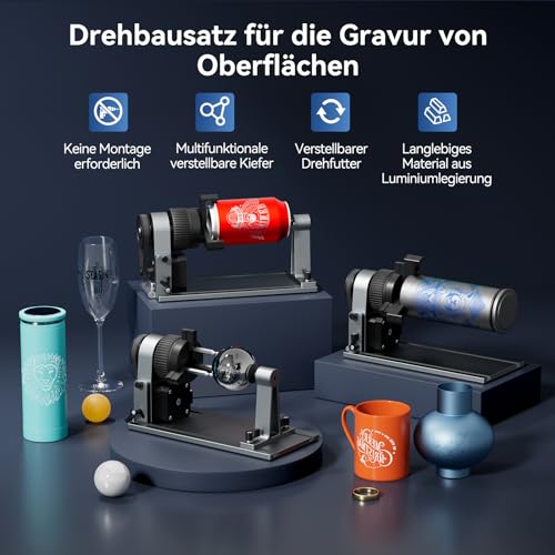 Woxcker ARot8 Laser-Rotationswalze, 4-in-1-Multifunktions, Verstellbares Backenfutter zum Gravieren von zylindrischen Objekten, Bechern, Ringen, Nur für Woxcker L2 L8 JL7 Laser Graviermaschine