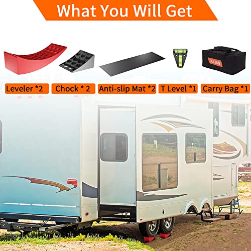 OULEME RV Leveling Blocks, Camper Trailer Leveler, 2 Packs for Travel Trailer Motorhome, Include 2 Curved Leveler Ramp, 2 Chock, 2 Rubber Mat, 1 T Bubble Level, 1 Carry Bag by OULEME - Image 4