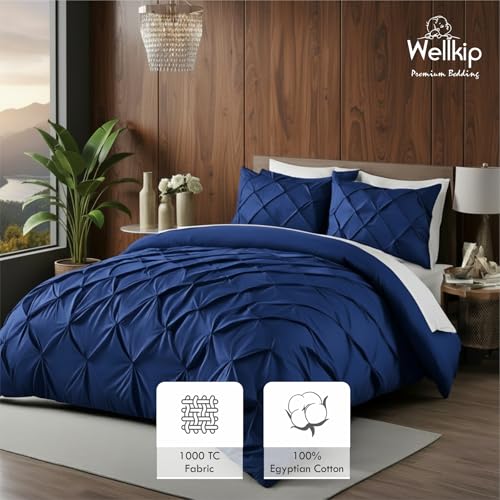 Image of Pinch Pleated Duvet Cover Set 1000TC 100% Cotton Premium 3-Pieces 1-Duvet Cover & 2-Pillow Cover Luxury Look Home and Hotel Zipper & 8-Tie Closure (Royal Blue, Single 60 X 90 Inch)