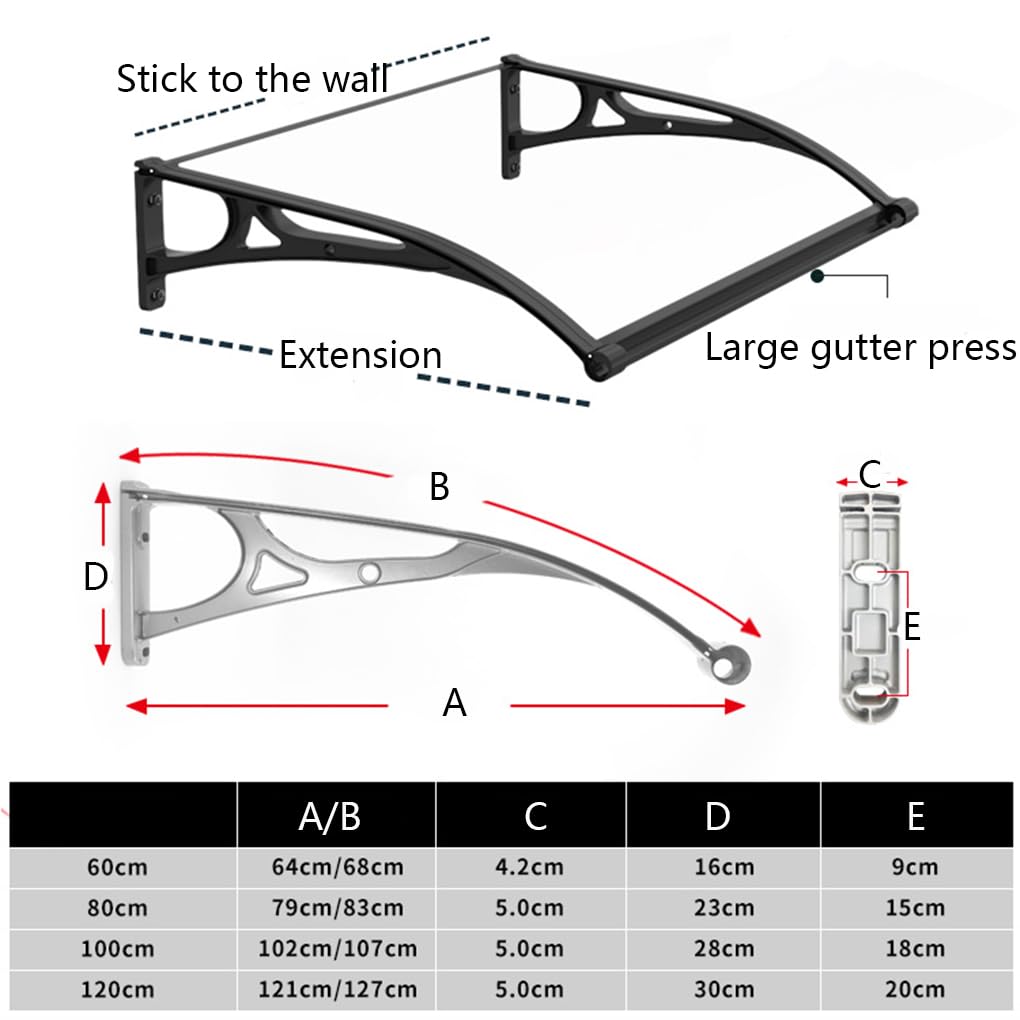Tejadillo de Protección contra Marquesina para Puertas Exterior con Fregadero Grande Marquesina de Techo Soporte negro Aleación de Aluminio de Policarbonato Transparente (100 x 250 cm)