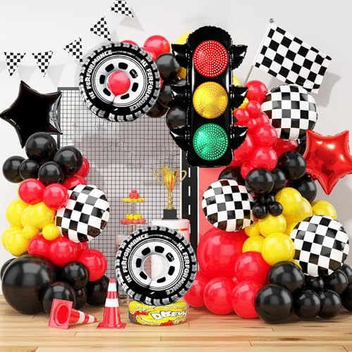 Image of 7Pcs Race Car Party Balloon Set, Traffic Light, Checkered Balloons, Tire Balloons, Race Car Themed Fast One Two Fast Birthday Party Decorations