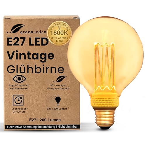 greenandco Vintage Design LED Birne zur Stimmungsbeleuchtung | E27 G95 | gold | 4W 200lm | 1800K extra warmweiß | 320° | 230V | flimmerfrei | nicht dimmbar | Edison Glühbirne