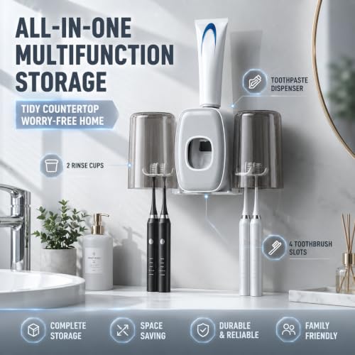 Image of COMFYHOME Tooth Brush Holder Bathroom, Automatic Toothpaste Dispenser, Self Adhesive Brush Stand for Bathroom Wall, Toothbrush Organizer with 2 Mouthwash Cups, 4 Slots Wall Mount Toothbrush Holders