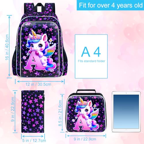 Image of CCJPX 3Pcs Unicorn Backpack, 16 inch Girls Bookbag with Lunch Box, Kids Water Resistant Elementary School Bag for Kindergarten Preschool Toddler (Black)