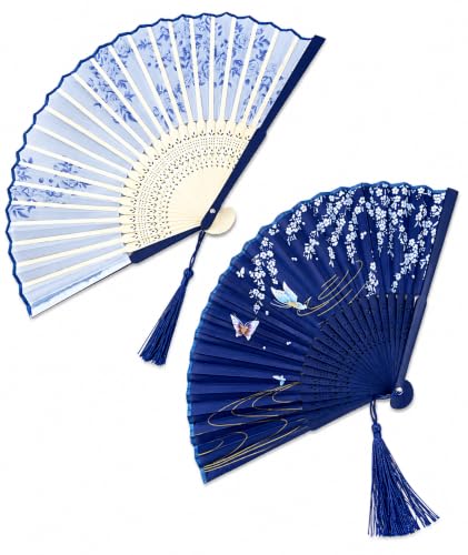 Image of 2 Pcs Hand Fan Manual, Japanese Fan, Chinese Fan for Hand Paper Fans for Decoration for Dancing Cosplay Wedding Party Props Decoration, White and Blue, 10 cm