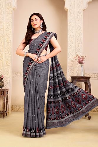 Image of TAMAIRA FASHION Mulmul Pure Cotton Saree For Woman Sambalpuri Printed |Office Wear Daily Wear Sarees For Women Without Blouse Piece (Available in 10 Colours)