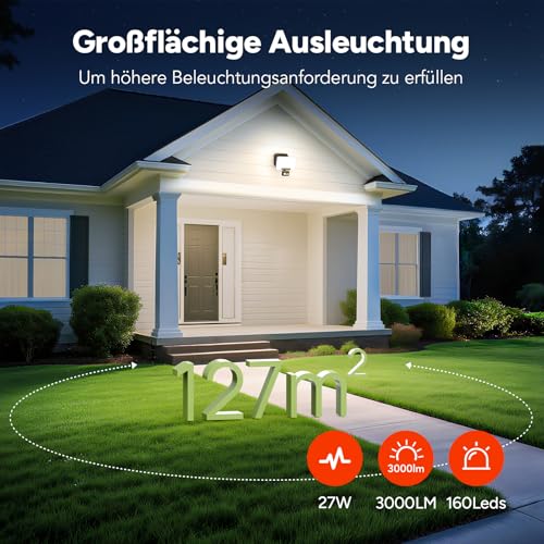 OREiN Led Strahler mit Bewegungsmelder Außen 3000LM, 2700/4000/6500K Warm-/Neutral-/Kaltweiß Superhell 27W Außenstrahler mit 3 Leuchtmodi, IP65 Wasserdicht Fluter Flutlicht für Garage, Hof, Haustür