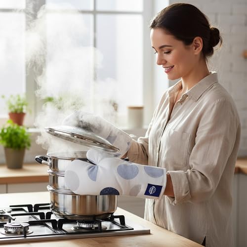 Image of Encasa XO Extra Long 18x35 cm Microwave Oven Gloves Mitts (2 pcs) for Kitchen Cooking - Blue Moon - Heat Resistant, Thick & Safe, Protection of Hands from Hot Utensils, Gas Flame, Grill, Barbecue