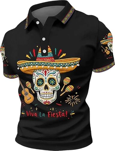 Men's Cinco De Mayo Viva La Fiesta! Print Casual Polo T-Shirt Funny Mexican Skull Fiesta Tee Mexican Skull Shirt