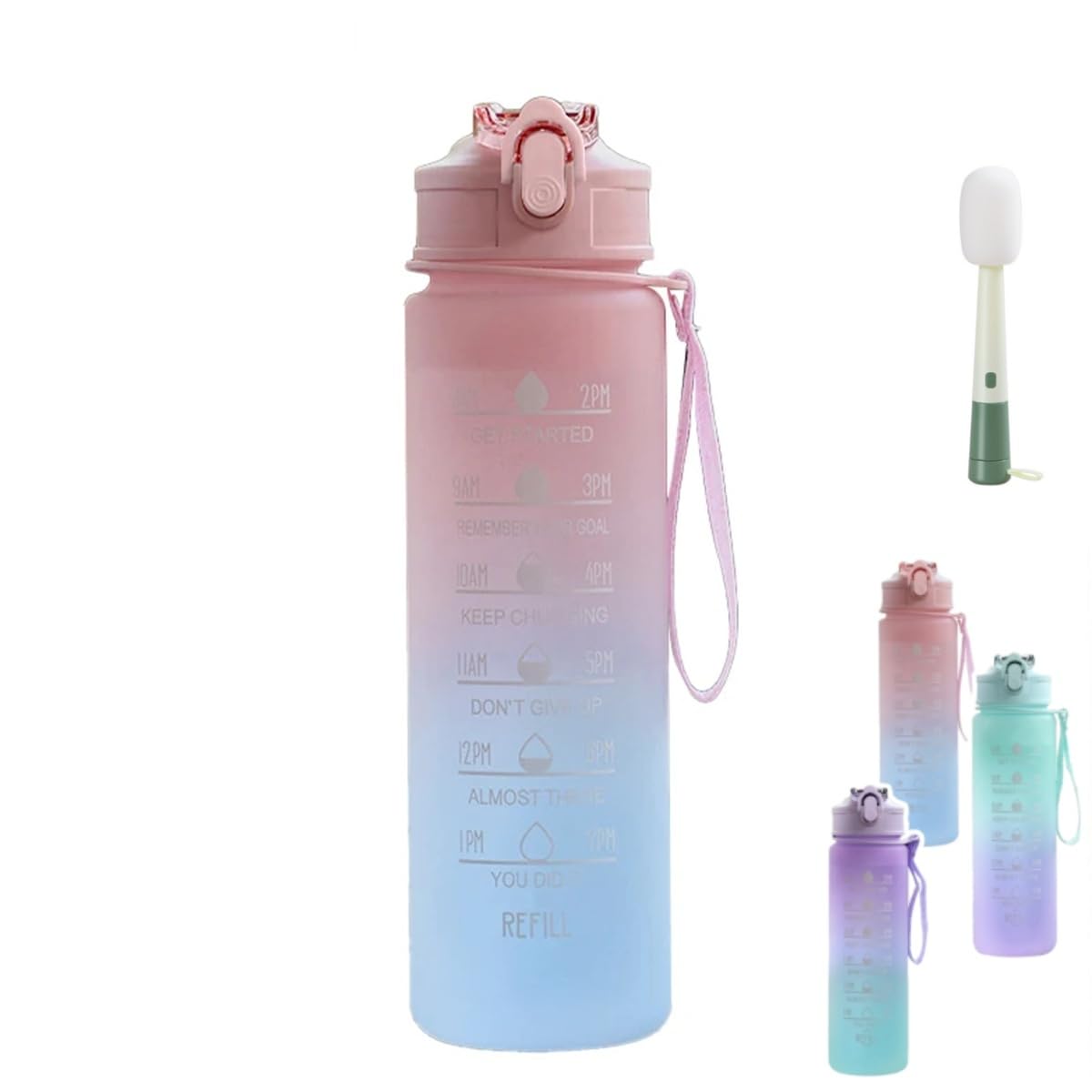 Sports Water Bottle 750 ml with Time Markings Leak Proof Sports Water Bottle with Cleaning Brush for School Bike Fitness Hiking (Pink)